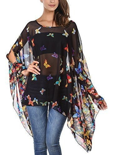 DJT Womens Floral Printed Chiffon Caftan Poncho Tunic Top 0