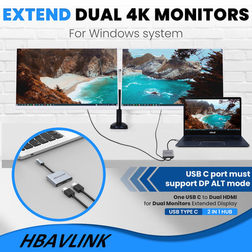 HBAVLINK Dual USB C to HDMI Adapter for Dual Monitors 1