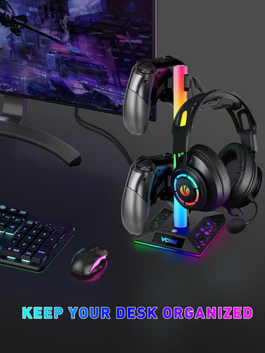 V VCOM RGB Gaming Headset Stand with 2 USB Ports and Color Lights 4