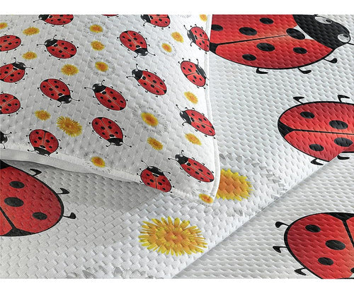 Lunarable Ladybugs Coverlet Set Queen Size, Summer Motif of The Ladybird and Flowers Spring Bloom 2