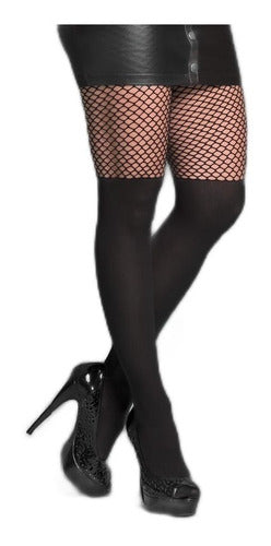 Delicate Black Fishnet Pantyhose with Opaque Thigh High - Sugestion 2561 0