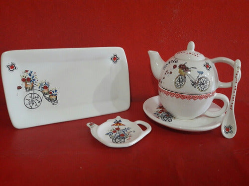 Yustina Complete 6 Piece Tea Set: Teapot, Cup, Plate, Tray, Spoon & Tea Bag Holder 1