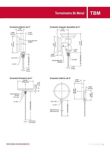 Winter's Bimetallic Thermometer 0-100°C Diameter 53mm 1/4 NPT TBM20040B30 2