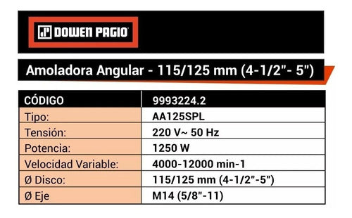 Dowen Pagio Angle Grinder 115-125mm 1250W 220V + Discs 1