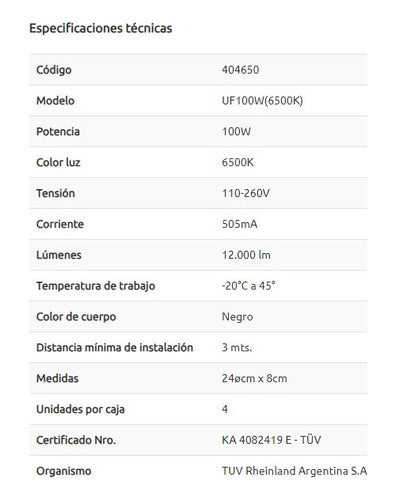 Lampara Led Galponera Uf 100w Alta Potencia Blanco Frio 1