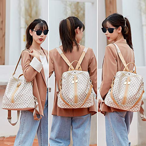 Makes Beige PU Leather Women's Backpack in Checkered Design 1