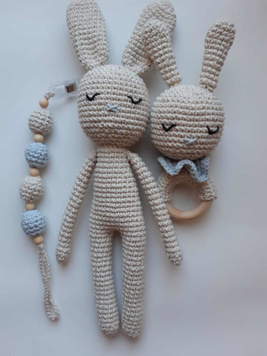 Crochet Bunny Set + Rattle + Pacifier Holder by Chichelandia 8