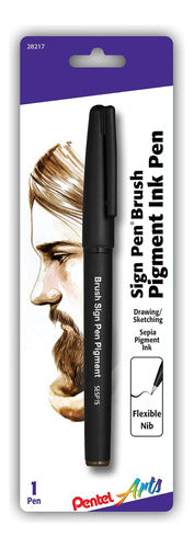 Pentel Arts Sign Pen Brush, Pigmented Ink Sepia, 1 Black 0