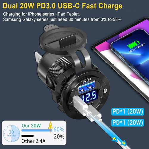 Usb C Car Charger Socket 12v Usb Outlet 2 Pack: Nuevo Metal 1