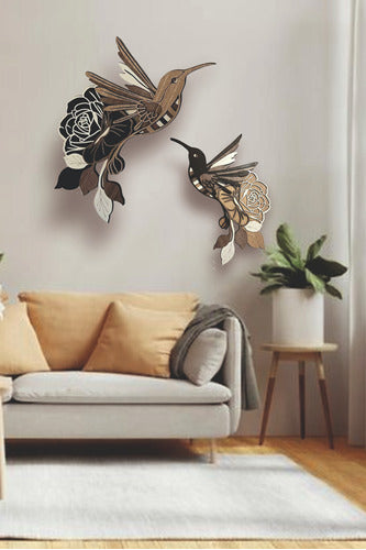 Luthiens Laser Hummingbird and Flower Wooden 3D Artwork Set - Large and Small 0