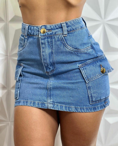 Mini Saia Jeans Cargo Feminina Cintura Alta Empina Bumbum 3