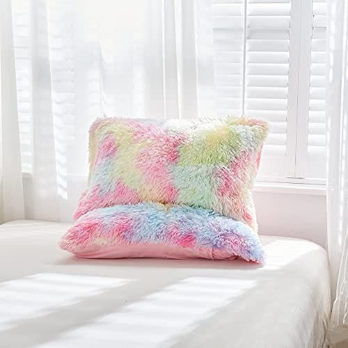 Sucses Fluffy Faux Fur Comforter Set with Rainbow Tie-Dye 4