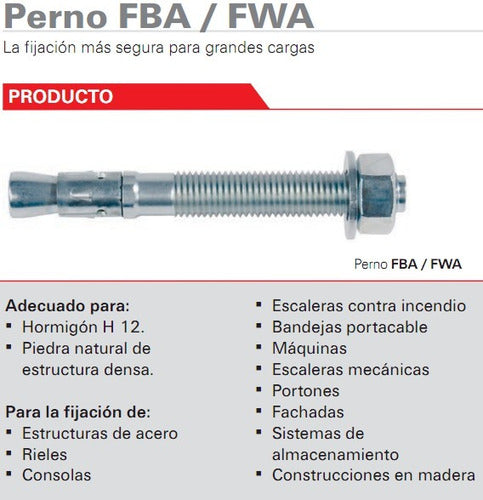 Anclaje T/perno Fwa 16x180 Acero P/hormigon Fischer X 8 Unid 1