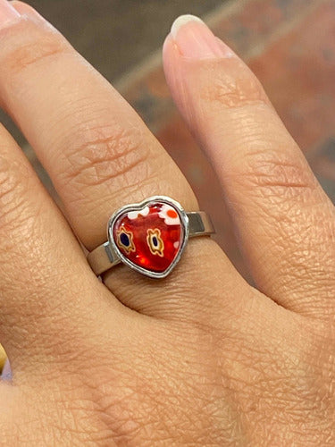 Luli Anillo Acero Cristal Murano Milefiori Corazón Rojo 1