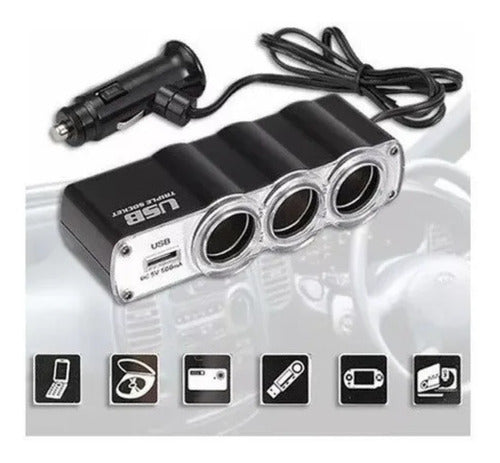 Triple Adapter 3 Outlets for Car 12v 24v + 1 USB Port 2