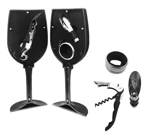 Set De Vino Copa Estuche + 3 Accesorios Tapon Cortagota Saca 1