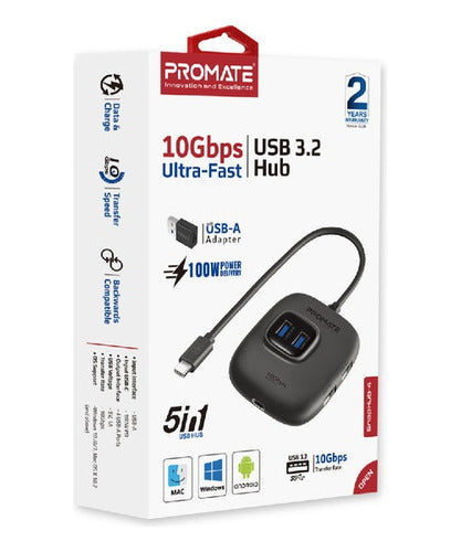 Promate Hub 5 En 1 Snaphub-4 USB-C A USB-A/USB-C 100W Black 6