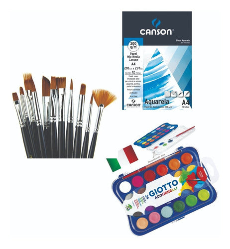 Tinta Aquarela Giotto Pastilha Papel Canson A4 Kit Pinceis 0