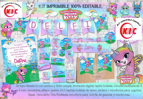 Kit Imprimible Carmelo: Candy Bar Rainbow Butterfly Unicorn Kitty 1