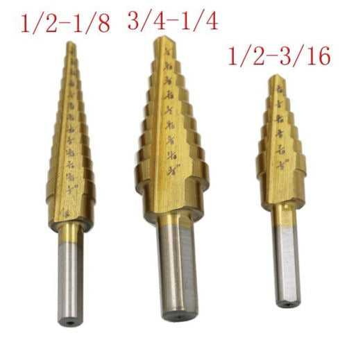 Titanium PC Set of 3 Step Cone Drill Bits HSS M2 1/8" to 3/4" 1