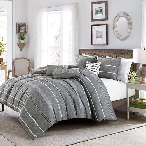 Chezmoi Collection Porter 7-Piece Yarn-Dyed Multi Striped Jacquard Comforter Set, Queen, Gray/White 1