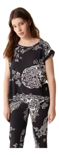 Etam Blusa Kali Estampada Manga Corta Mujer Negro Nuevo 0