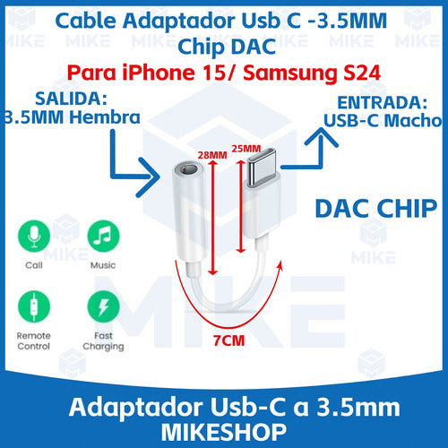 USB-C to 3.5mm Audio Adapter for iPhone 15 S24 / Mike - White 1