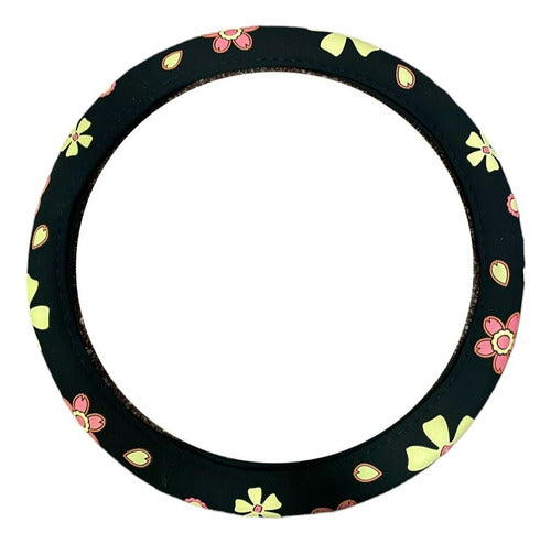 JC Black Steering Wheel Cover with Flowers 38cm Aveo Spin Onix Astra 0