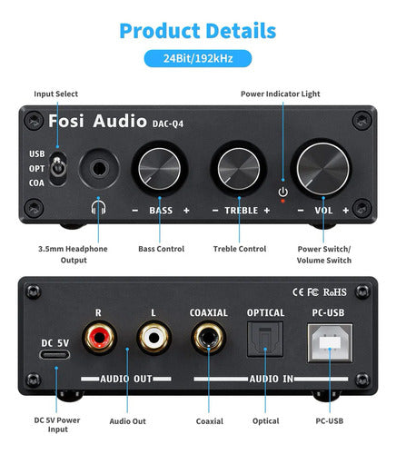 Fosi Q4 DAC Stereo USB Fiber Optic New Warranty 2