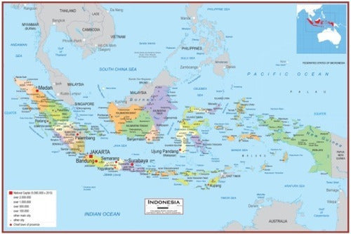 Indonesia Mapa Politico - Países De Asia - Tamaño 45x30 Cm. 0