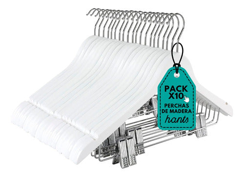 Pack X10 Perchas Blanca Percha De Madera Con Broches 0