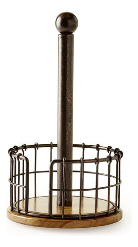 Pfaltzgraff Antique Anvil Cage Wire and Acacia Wood Paper Towel Holder, Black 0