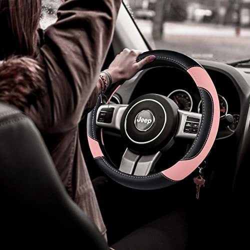 Szttswamp Leather Car Steering Wheel Cover, Non-slip Car Wheel Cover Protector Breathable Microfiber Leather Universal Fit for Most Cars (Pink) 1