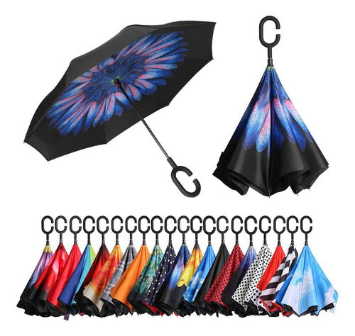 Fashion Deco Set X 2 Inverted Umbrellas Reversible Rain with Designs 5