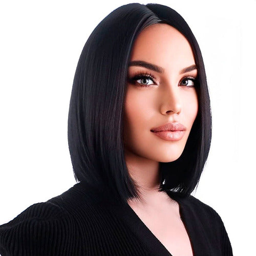 Medium 35cm Black Straight Synthetic Natural-Looking Wig with Gift Net 0