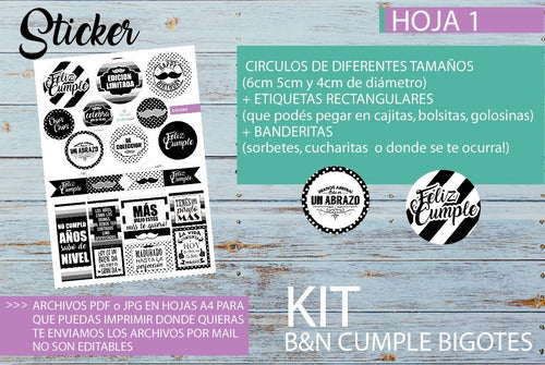 Bendito Evento Kit Imprimible Desayuno Cumple Blanco Negro Bigotes Hombre 3