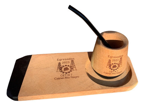 Engraved Wooden Mate Set with Personalized Logo - Set of 7 - Mate Madera Tabla Personalizado Grabado Logo Bombilla X7