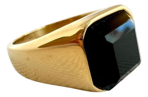 Donna Anillo Hombre Acero Inoxidable Color Dorado Oro Piedra Negra 0