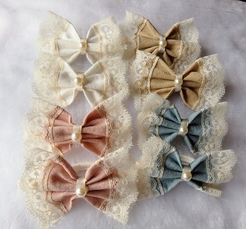 Set of 8 Girls' Vintage Cotton and Lace Hair Ties with Bows 3