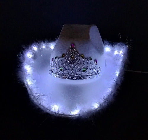 Cowboy Cowgirl LED Light-Up Hat with Feathers and Crown - White or Pink 5