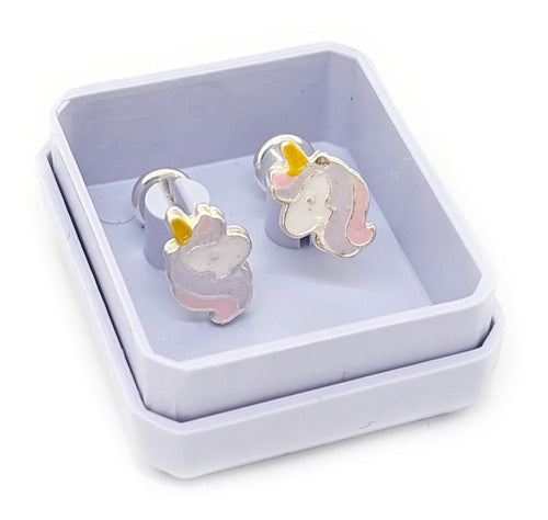 Unicorn Head 925 Silver Enameled Open Hoop Earrings 0