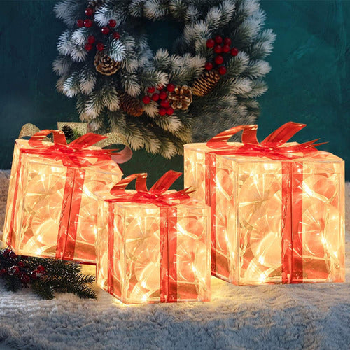 FUNPENY Caja Regalo Navidad Transparente 60leds Blanco Cálido Set X3 6