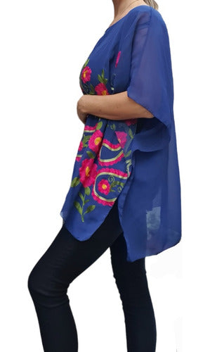 Wide Poncho Style Blouse / Tunic Embroidered with Flowers 4