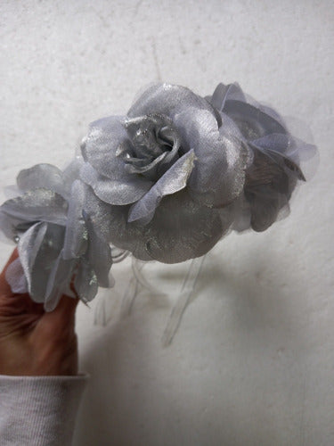 V506 Silver Flowers Headband with Silver Ribbon 2