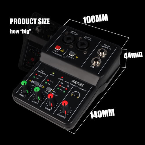 Micfuns Mini Audio Mixing Console Interface - 2 Channels 3