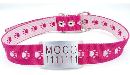 MEDALLAS PARA PERROS Large Dog Tag + Fuchsia Pink Paw Print Collar 3cm 0