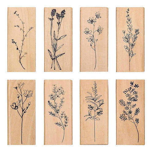 Juego De 8 Sellos De Madera Con Diseños De Plantas Y Flores 0