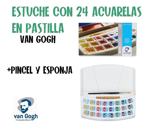 Van Gogh Set Watercolors 24 Pan + Sponge + Brush 0