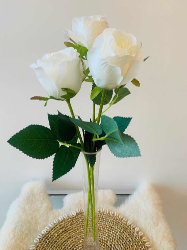 Set of 3 Premium Artificial White Roses with Green Leaves 1