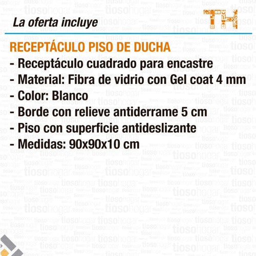 Receptaculo Plato Ducha Embutir Cuadrado 90x90 Cm Fibra Baño 4